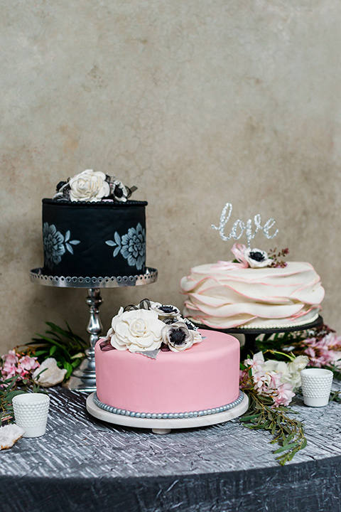 Childrens-museum-shoot-cakes-three-separate-one-tiered-cake-one-in-black-with-green-flowers-on-it-one-with-pink-with-white-flowers-on-it-and-one-with-cream-colored-frosting