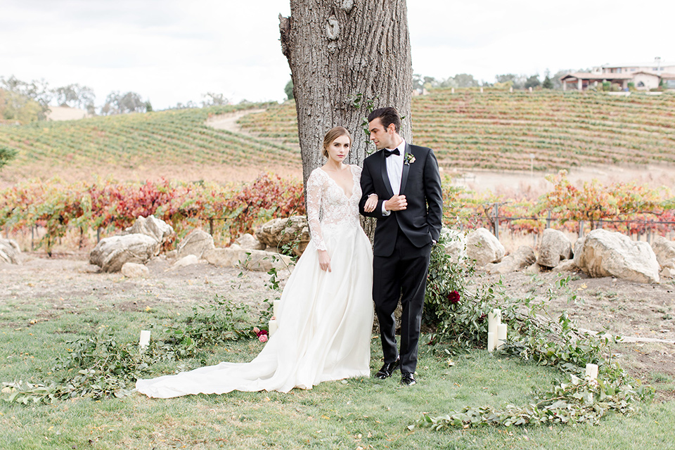 hammersky-editorial-shoot-bride-and-groom-by-vinyard-bride-in-a-tulle-ballgown-with-lace-sleeves-and-high-neckline-groom-in-a-black-shawl-lapel-tuxedo-with-black-bow