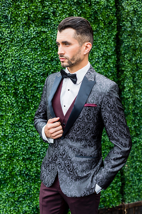 Lakewood-store-45th-anniversary-party-model-in-black-paisley-coat-with-a-burgundy-vest-and-pants