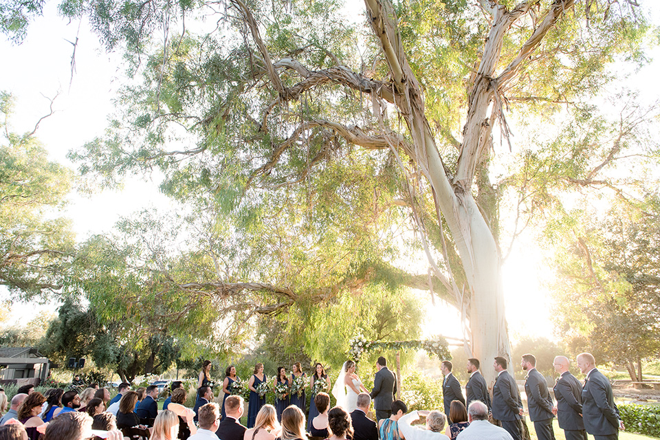 gallaway-downs-wedding-ceremony-with-atendees-the-bridesmaids-in-royal-blue-gowns-groomsmen-in-navy-blue-suits-bride-in-a-lace-a-line-gown-and-groom-in-a-navy-blue-suit-with-a-white-long-tie