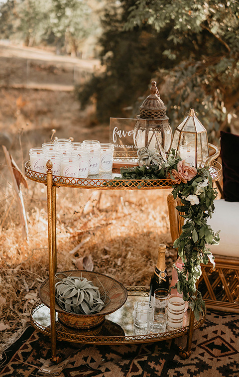 gold cocktail cart with crystal decor