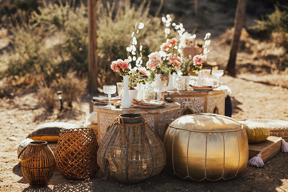 Bohemian wedding table setting in the desert gazebo