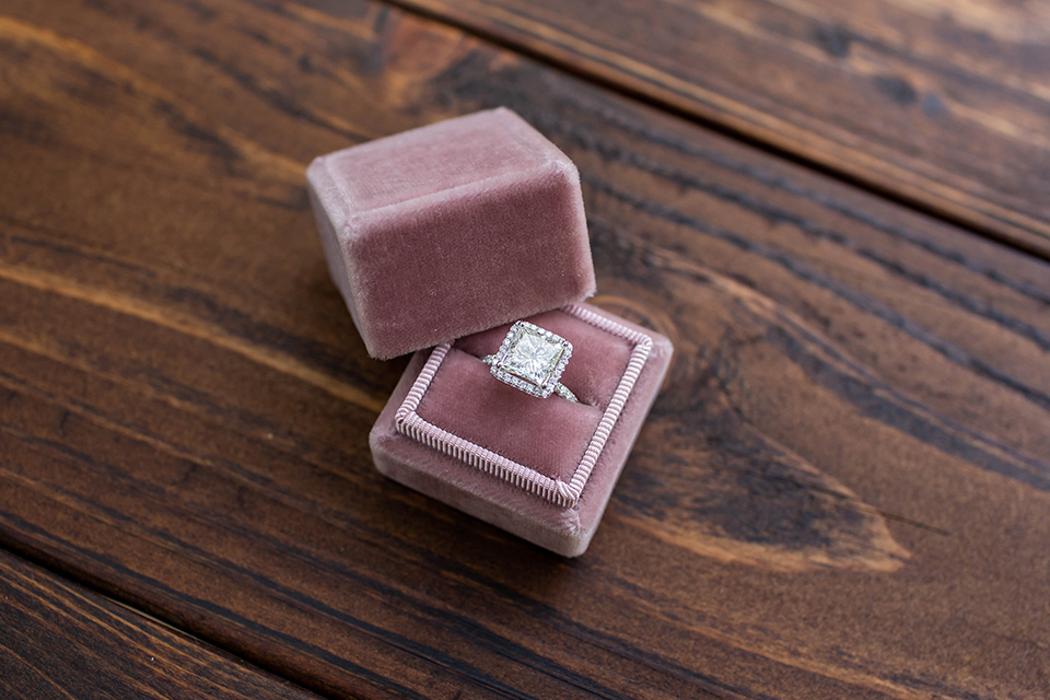 rose velvet ring box and silver diamond ring