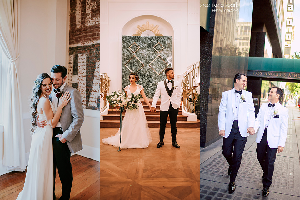Art deco and great gatsby inspired bride and grooms posing