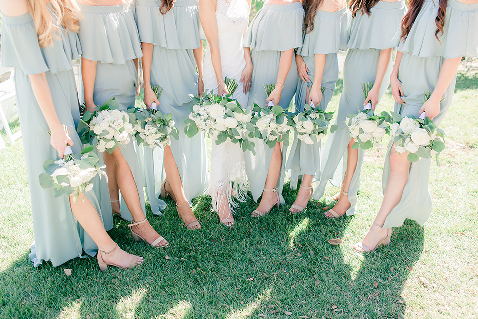 Arroyo-Grande-Wedding-bridesmaids-in-light-sage-gowns-and-beige-strapy-heels