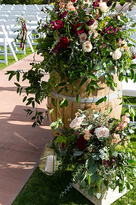 white, green, and burgundy florals 