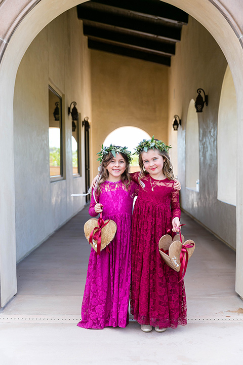 flower girls in pink lace long gowns 