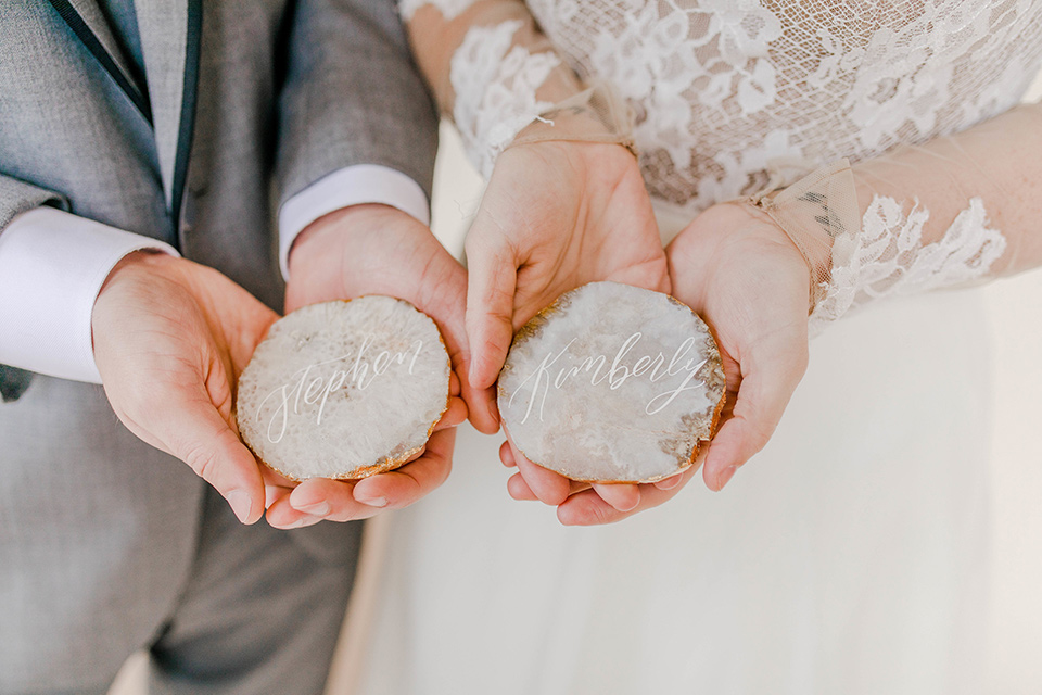 table cards made with river rocks