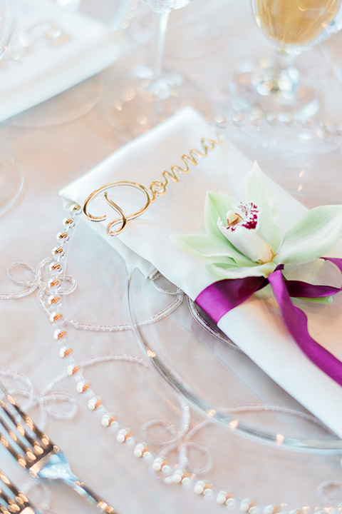 Lake Tahoe wedding flatware in white and gold décor and berry colored details