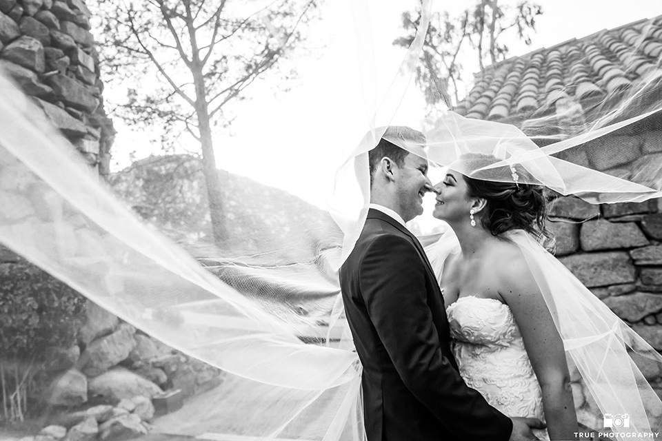 mount-woodson-castle-bride-and-groom-under-veil-bride-in-a-mermaid-gown-with-lace-detailing-and-a-sweetheart-neckline-groom-in-a-black-suti-with-a-black-long-tie