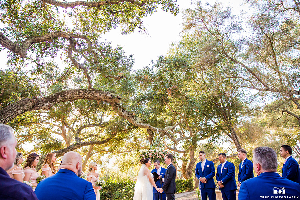 mount-woodson-castle-ceremony-bridesmaids-in-light-pink-long-dresses-groomsmen-in-cobalt-blue-suits-with-pink-ties-bride-in-a-mermaid-gown-with-lace-detailing-and-a-sweetheart-neckline-groom-in-a-lack-suti-with-a-black-long-tie