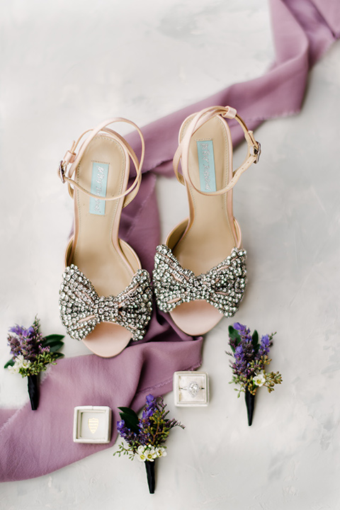  crystal bridal shoes with purple ribbon