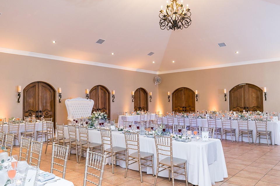  long tables in white linens