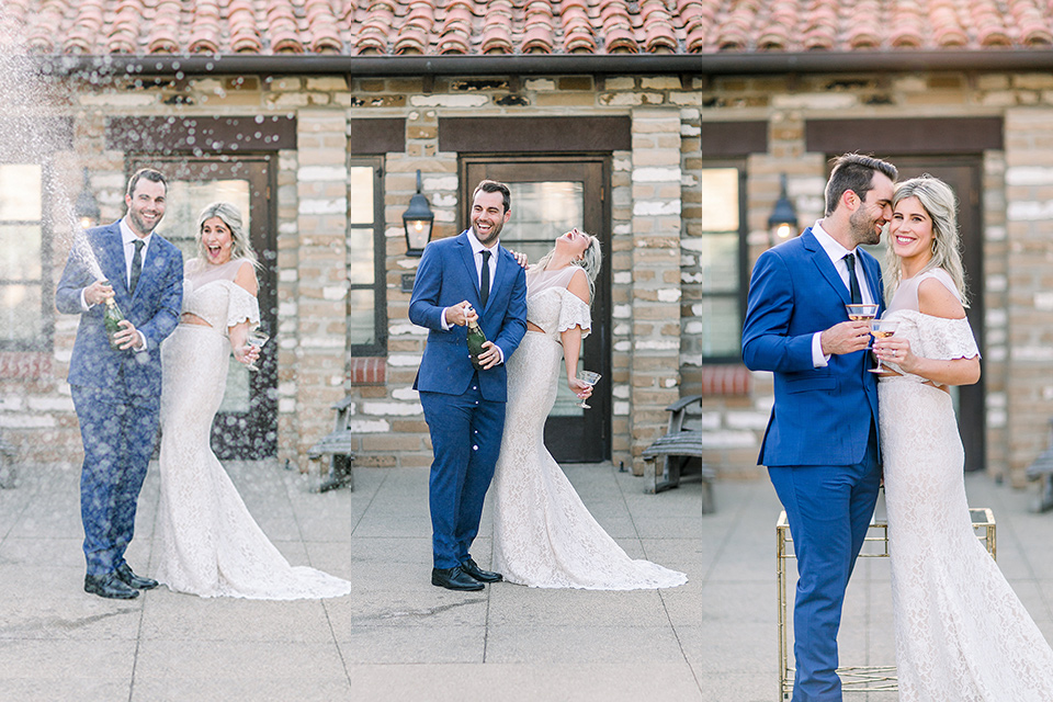 modern styled wedding with the bride in a white dress with an off the shoulder design and the groom in a bold blue suit with a black long tie 