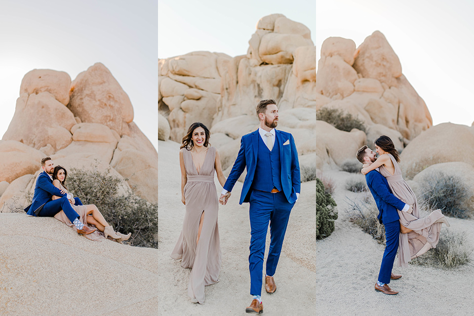 engagement style images with the bride in a taupe colored gown and the groom in a deep bold blue suit