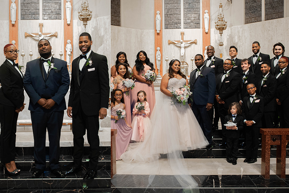  groomsmen in black tuxedo and groomslady in a black womens tuxedo