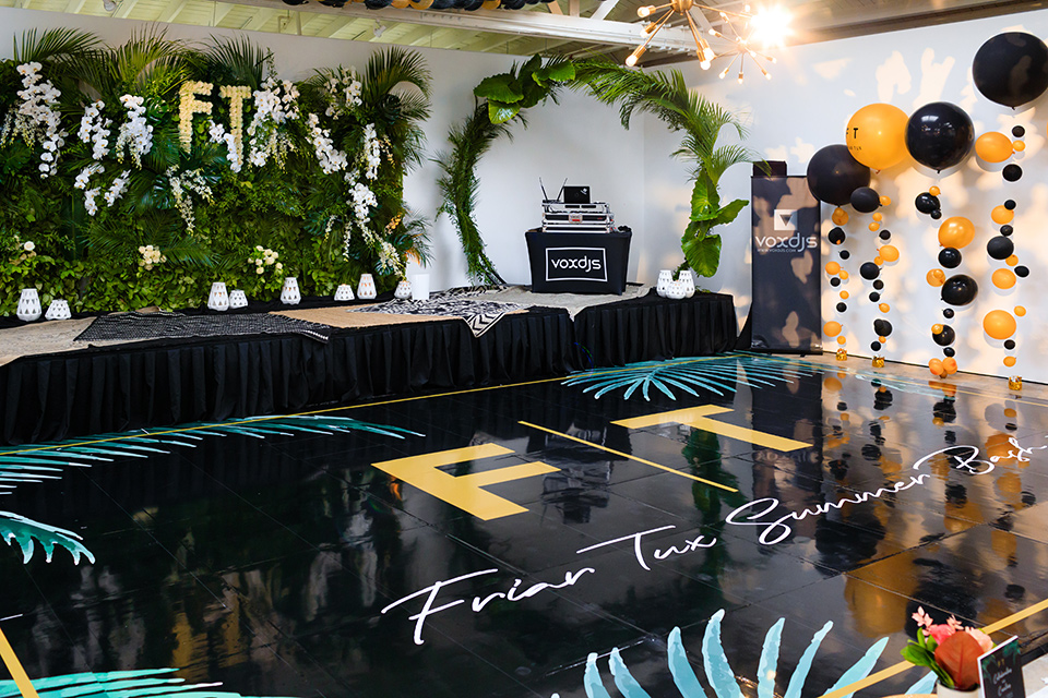 Friar Tux Summer Bash dance floor and decor in a chic boho palm springs style