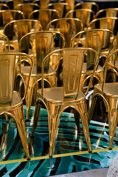 Friar Tux Summer Bash decorative gold chairs