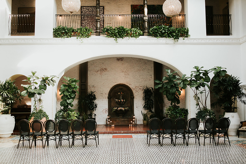 modern venue with Spanish feel with black and white tile flooring