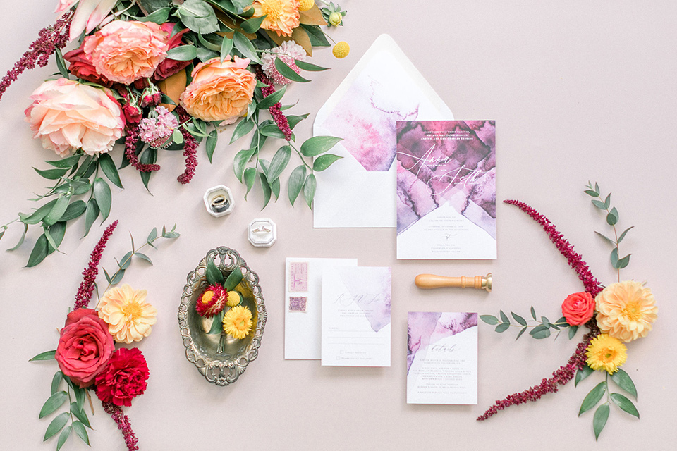 Villa Del Sol invitations with white paper and watercolor flower design
