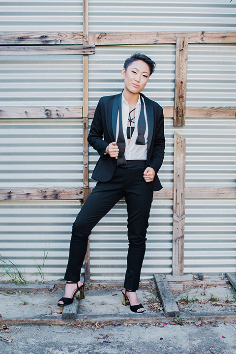 Los-angeles-same-sex-wedding-shoot-bride-black-womens-tuxedo-with-tie-untied