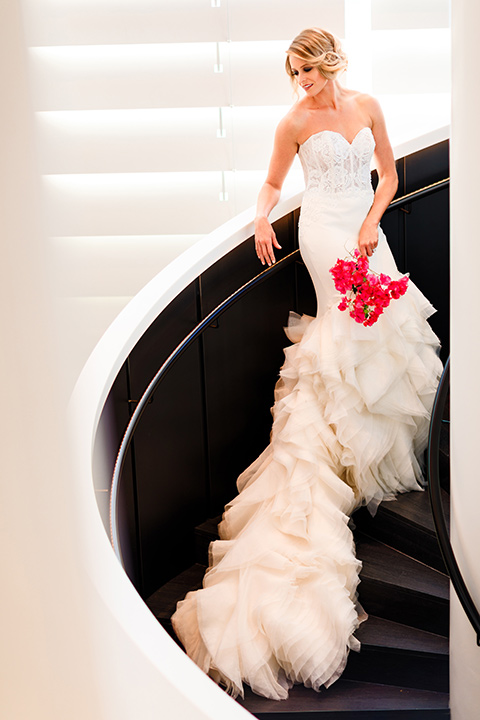 Intercontinental-DTLA-shoot-bride-standing-on-steps-bride-in-a-mermaid-gown