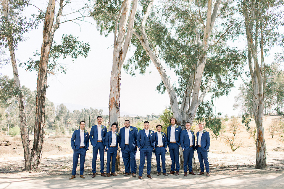 the groom and groomsmen in a dark blue suits with a white bow ties 