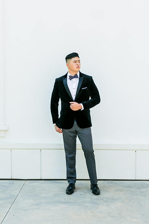 prom-looks-black-velvet-look-with-grey-tuxedo-pants-and-a-patterned-bow-tie