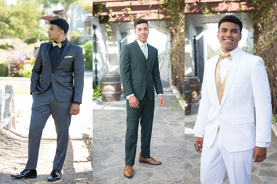 various-styles-of-menwear-one-model-in-a-black-paisley-tuxedo-with-a-gold-bow-tie-another-in-a-dark-green-suit-and-another-in-a-white-dinner-jacket-with-gold-accessories