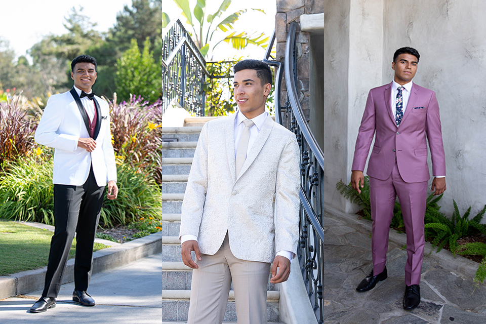 various-menswear-styles-one-model-in-a-white-coat-with-black-trim-and-burgundy-accessories-one-model-in-an-ivory-paisley-tuxedo-with-tan-pants-and-the-last-model-in-a-rose-pink-suit-with-floral-accessories