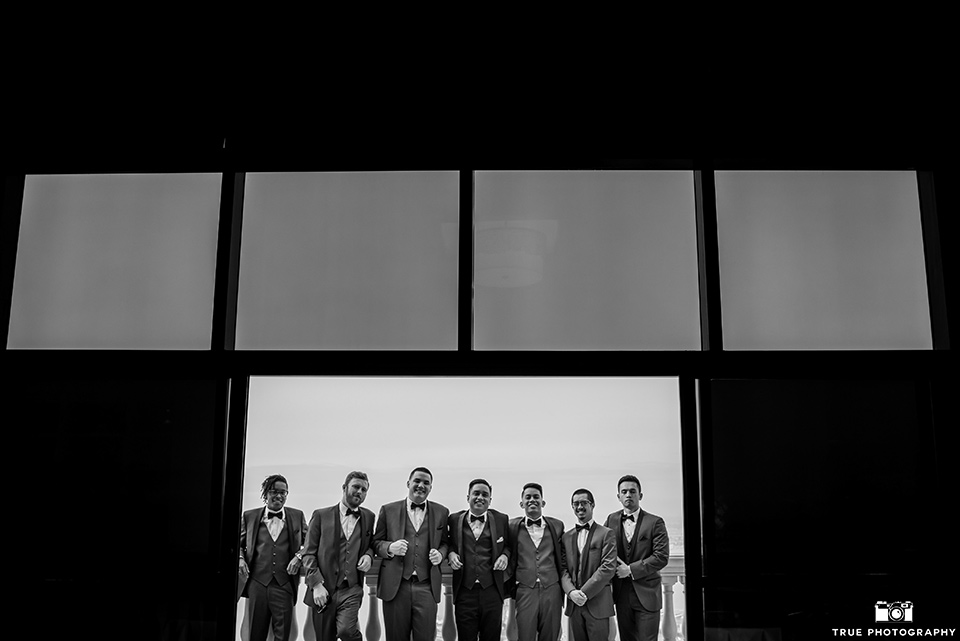 Hyatt-San-Diego-wedding-groomsmen-in-black-and-white