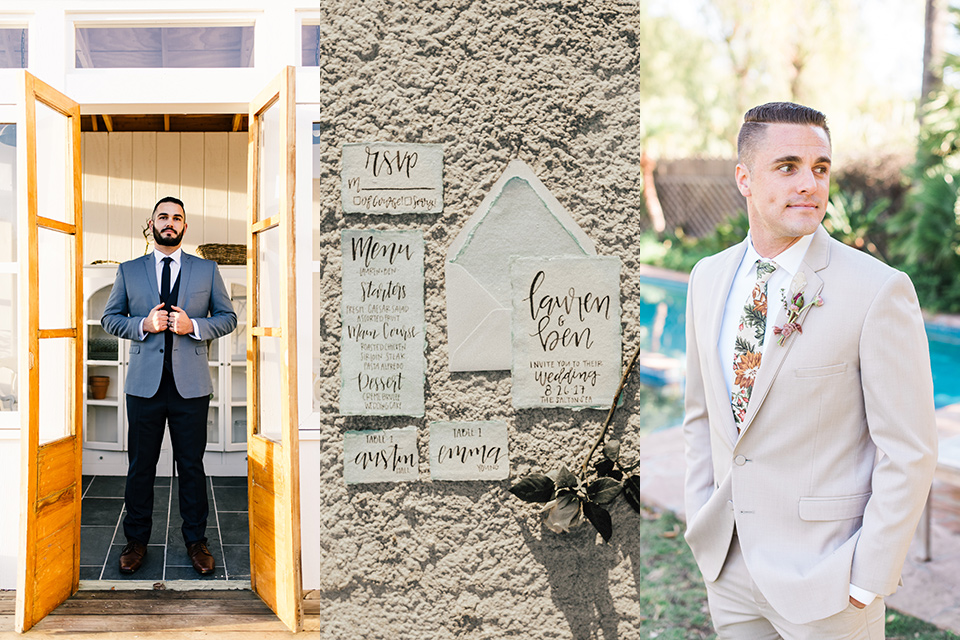 beach formal wedding attire with invitations in the sand and one male  guest wearing blue suit with dark blue pants and another in a white tan suit