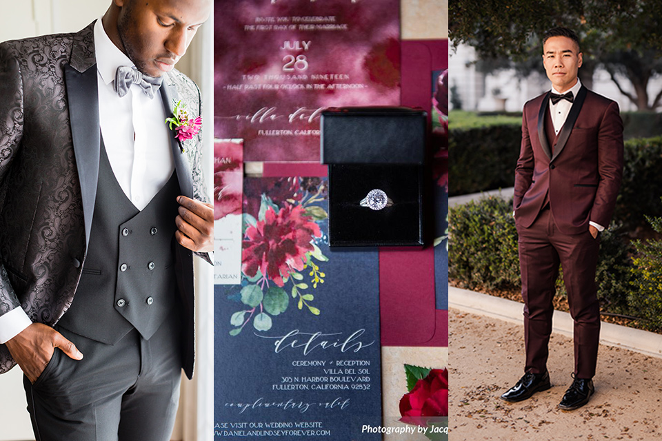 black tie optional wedding attire with male guest wearing black paisley tuxedo and other wearing a burgundy tuxedo