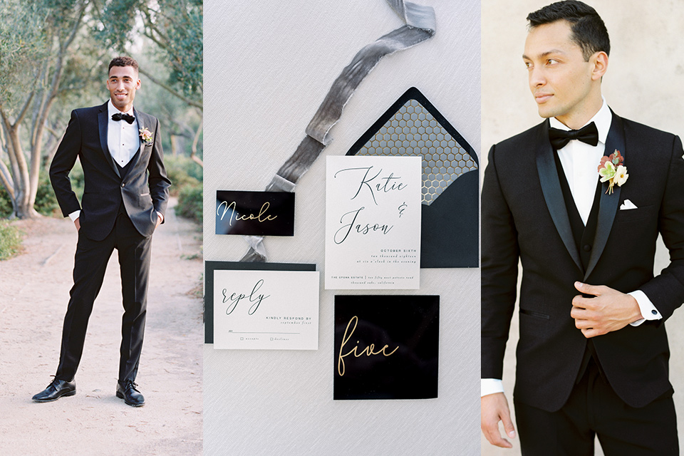  black tie wedding attire with invitations and male guests wearing simple black tuxedos and accessories