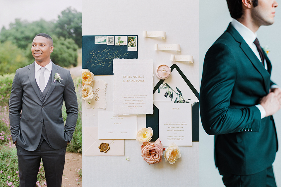 cocktail wedding attire with invitations with male guests wearing dark grey suits and another in dark green