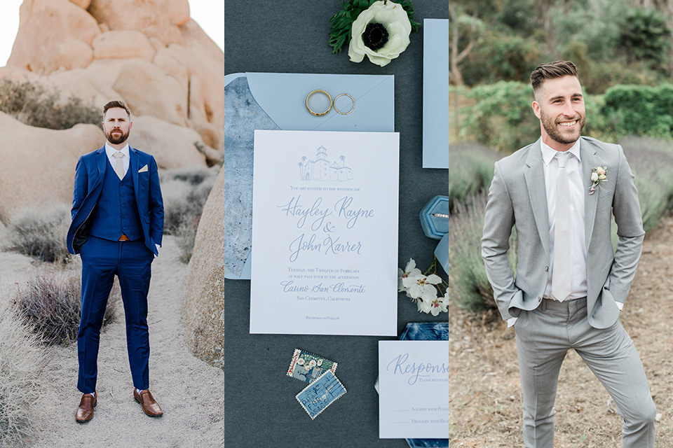 semi formal wedding attire with invitations and one male guest in cobalt blue suit and other in grey suit