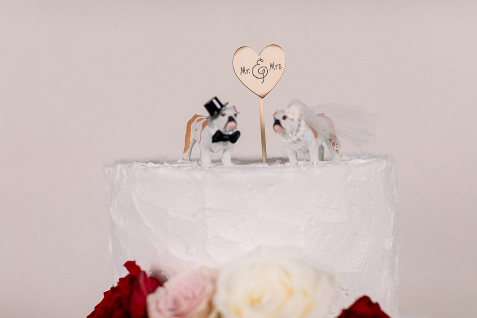  cake topper with English bull dogs in bride and groom wear