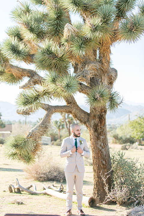  groom in a tan notch lapel suit with a teal blue long tie 