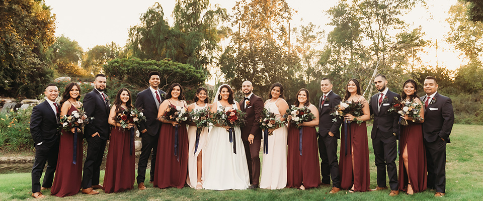  deep-red-bridesmaids-gowns-with-charcoal-groomsmen-suits