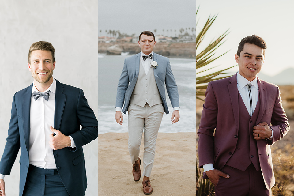  dusty-slate-blue-suit-with-grey-velvet-bow-tie-light-blue-suit-with-tan-pants-and-dusty-rose-suit-with-bolo-tie