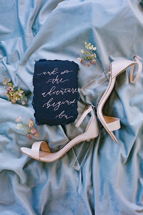  rose gold heels and deep navy menu card 