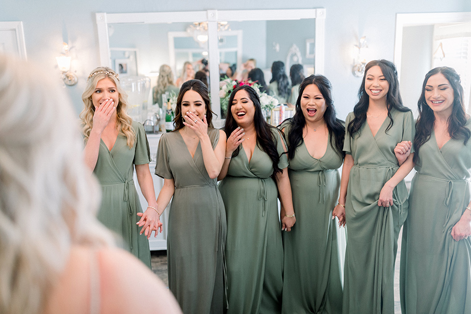  bride in a mermaid style lace white gown and the bridesmaids in sage green dresses