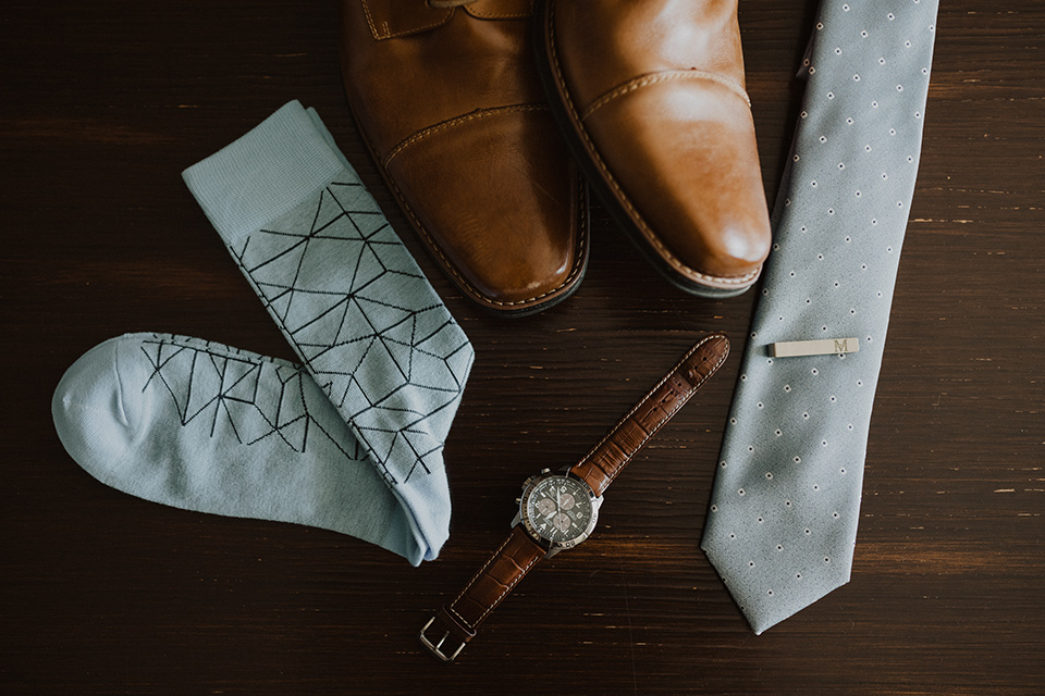  =” brown shoes and dusty blue long tie