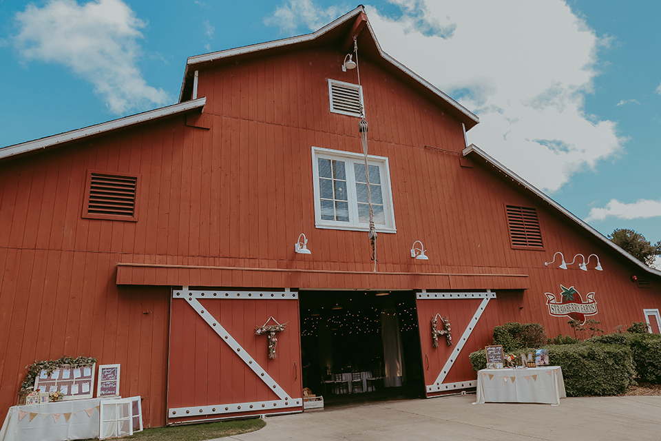  bride in a lace bohemian gown with tulip sleeves and a braided crown, the groom in a cobalt blue suit for purchase in front of a barn