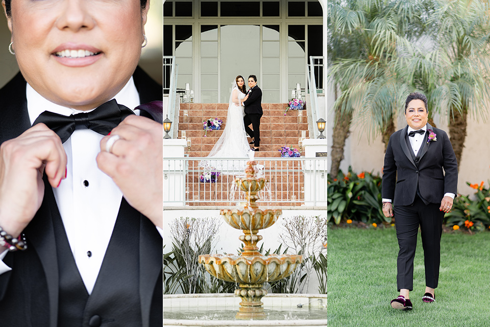  brides getting married with one in a traditional white ballgown and the other in a black tuxedo with a black bow tie and purple boutonnière