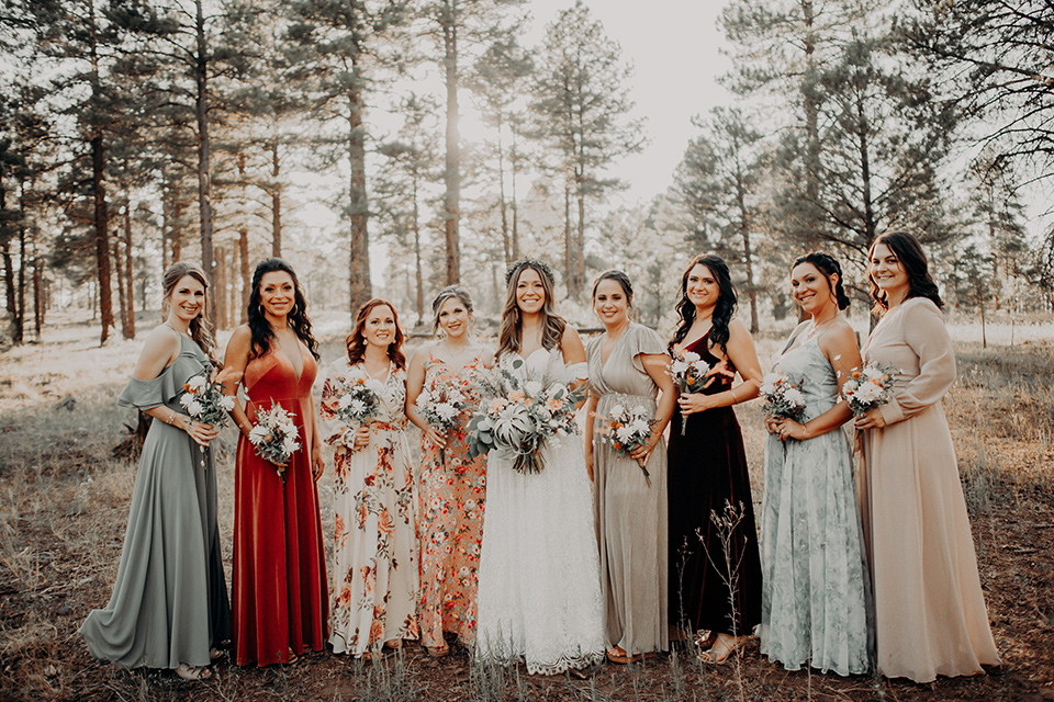  bridesmaids in soft pastel colors in different patterns and designs 