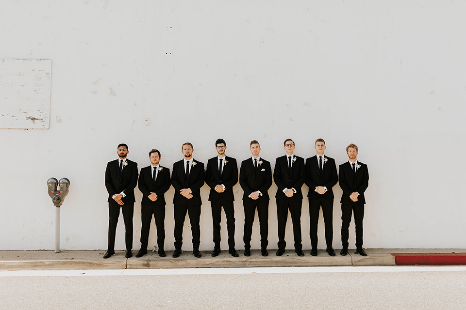  bride in a flowing ballgown and the groom in a black suit, the bridesmaids in neutral colors and the groomsmen in black suits and long ties 