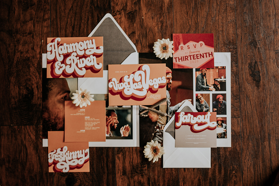  bohemian style invitations in gold and rust colors 