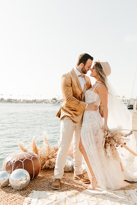  1970s golden hour boat elopement – couple at ceremony 