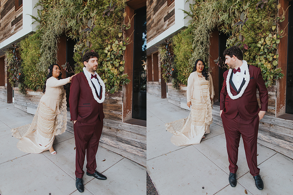  bride in a golden Burmese gown and groom in a burgundy shawl tuxedo